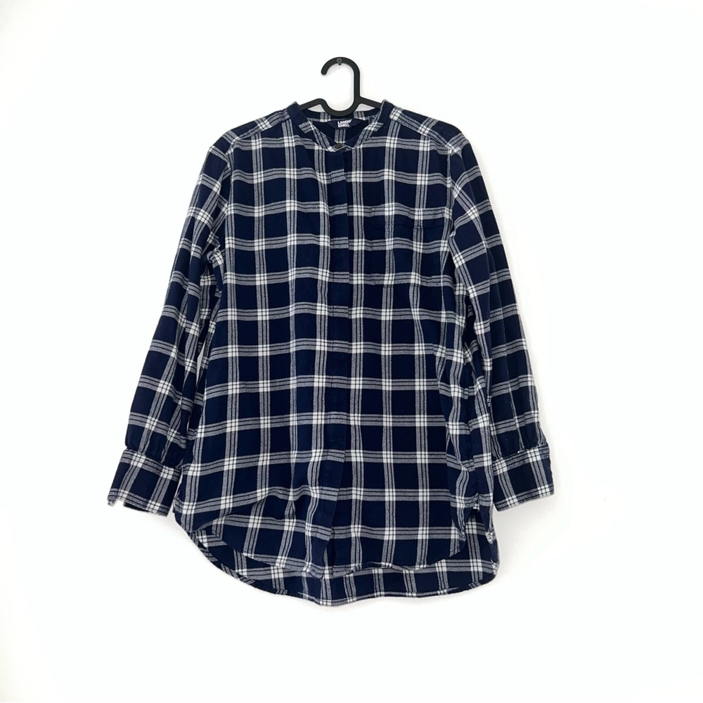 Lands End Womens MP Blue Plaid Flannel Button Up Cotton Shirt Side Pockets